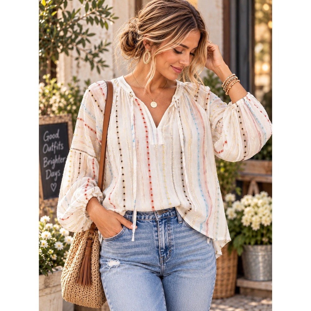 Belle Vere Women S Ivory Metallic Stripe Boho Blouse Balloon Sleeve Multicolor